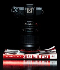 black dslr camera on start with why by simon siner book